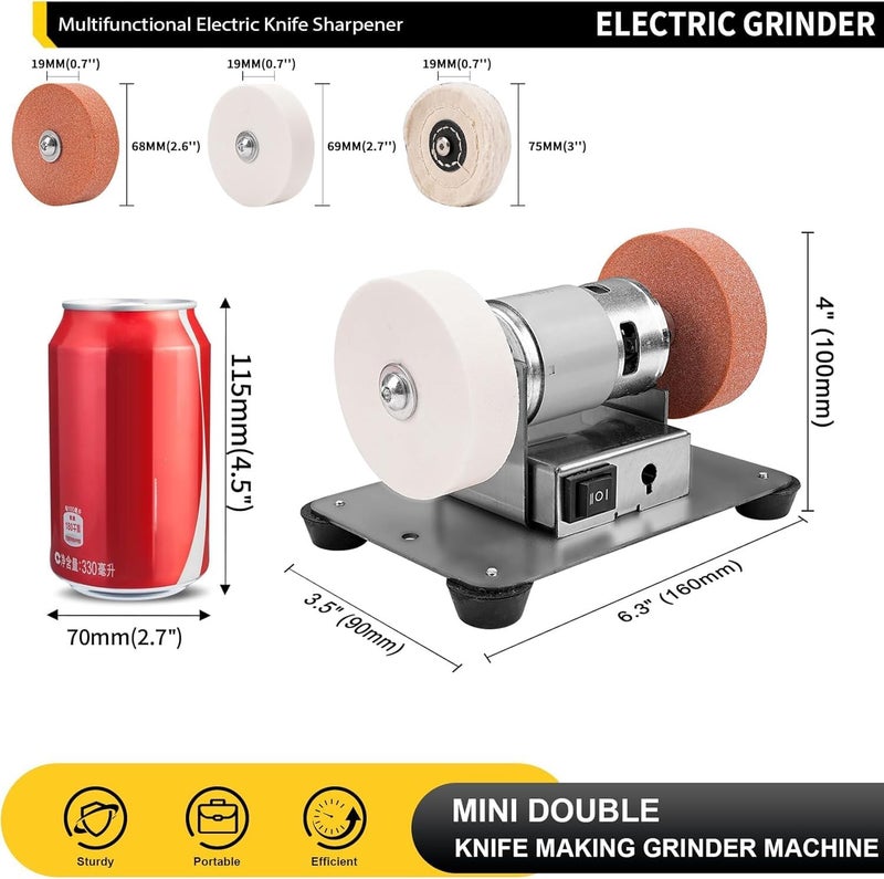 NuoDunco Mini Bench Grinder with 3 Wheels, Electric Multi-Purpose Grinding Machine for Metal, Wood, Knife Making, Jewelry Buffing, 6.3 x 3.5 inch Base - Image 2